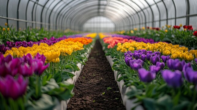 Yellow, purple, orange and red tulips in a greenhouse with rows of fresh flowers and soil, for floriculture, gardening and spring festivals

