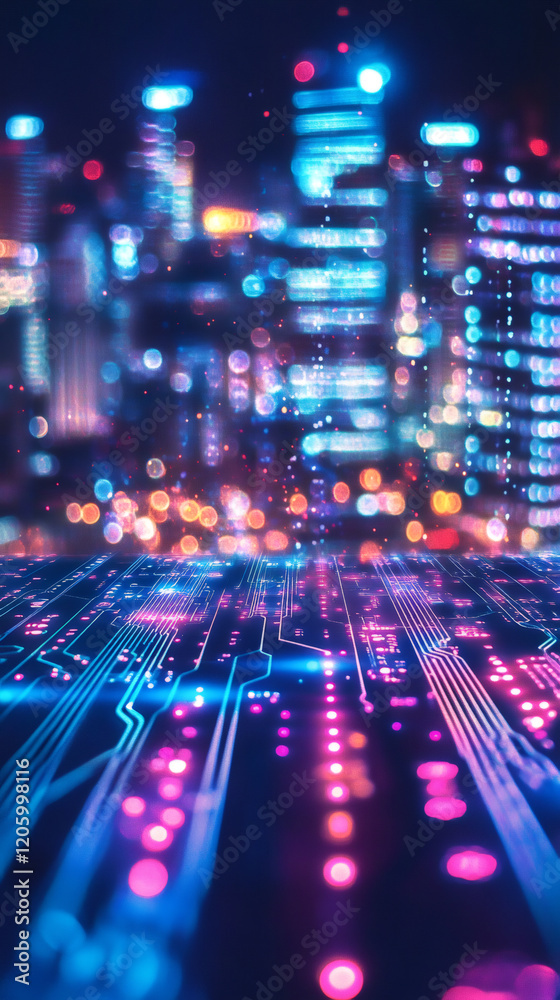 Poster Digital circuit board merging with defocused city lights creating a futuristic cityscape at night