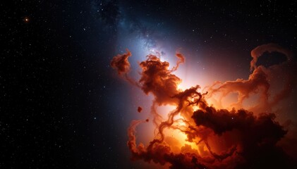 Obraz premium Cosmic clouds ablaze fiery nebula in vast expanse of space Stars twinkle in distance painting breathtaking scene