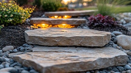 Lit stone steps in a garden at sunset with landscaping