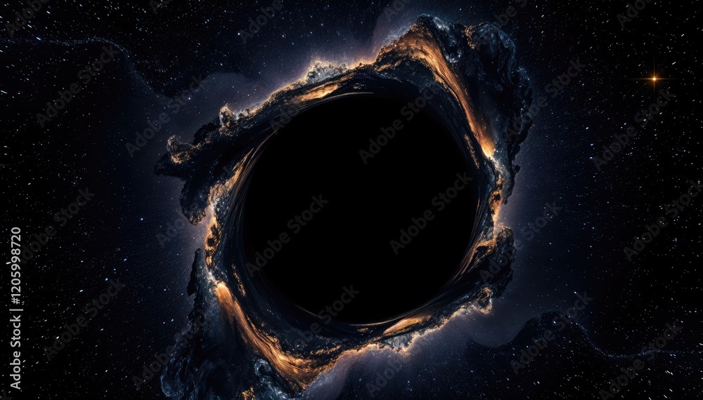Poster mesmerizing view into heart of black hole surrounded by swirling cosmic dust and distant stars