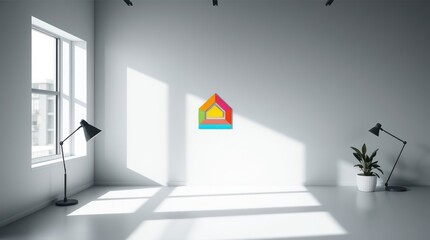 3D render of a modern interior with a large window, showcasing minimalist architecture and ample natural light