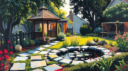 A picturesque European landscape with an old stone house nestled amidst a lush green garden, featuring a charming gazebo and towering trees against a vibrant summer sky