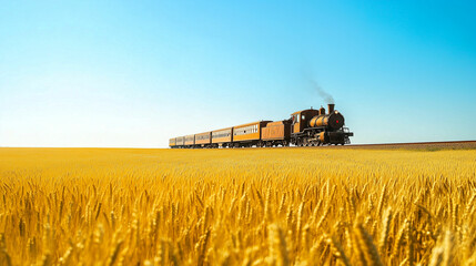 Naklejka premium Vintage steam train travels through golden wheat fields on a sunny day, evoking nostalgia and adventure in the countryside landscape