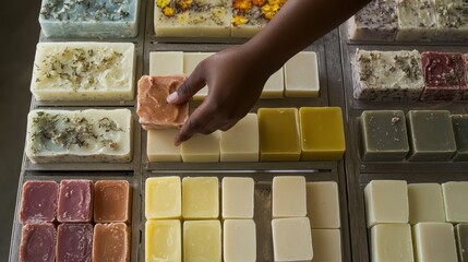 Close up of a shop assistant carefully arranging colorful, natural handmade soap bars on a metal display rack, showcasing a variety of textures and scents