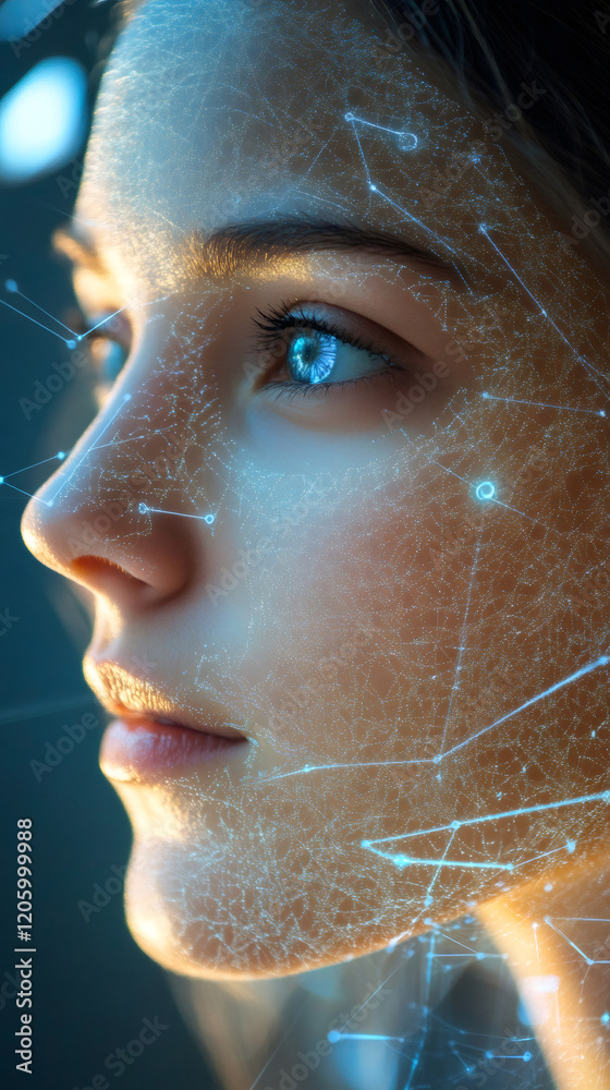 Aufkleber profile of a woman with a futuristic interface projected on her face, undergoing a facial recognitio