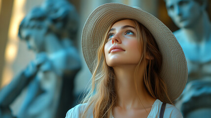 Captivating gaze of a young woman in a sun hat admiring classical sculptures in an art museum setting on a sunny day