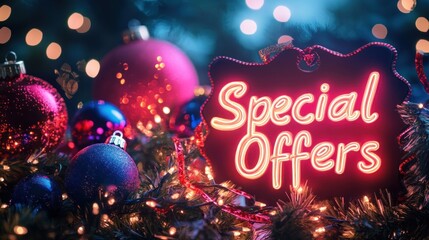 Dynamic holiday sale design featuring sparkling ornaments, ribbons, and bold "Special Offers" text in glowing neon colors 