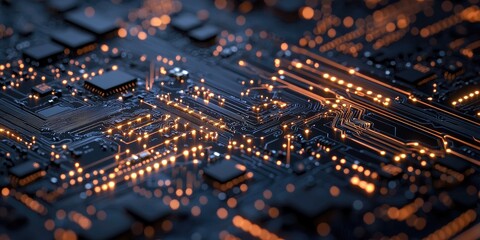 Obraz premium a detailed circuit board layout featuring sharp lines and bright copper traces, ideal for high-tech, intricate backgrounds.