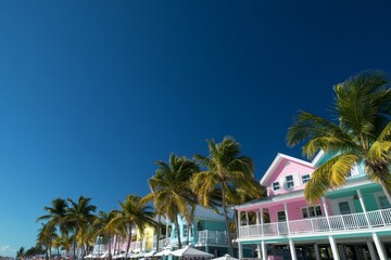 Fototapeta premium Colorful pastel buildings with white trim stand among lush palm trees, basking in sunlight under a vivid blue sky. The scene captures tropical charm and tranquility
