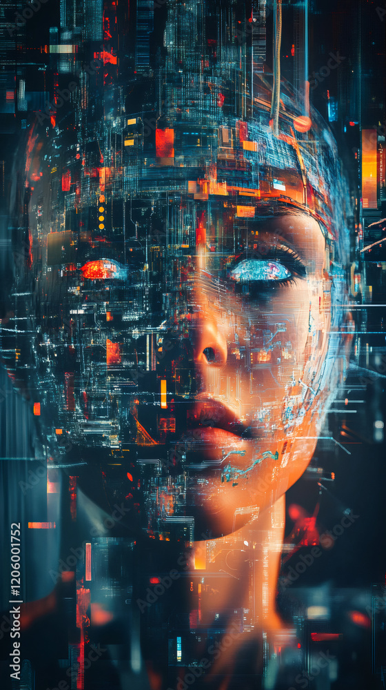 Aufkleber digital art merging artificial intelligence with a human face, creating a futuristic cyborg symboliz