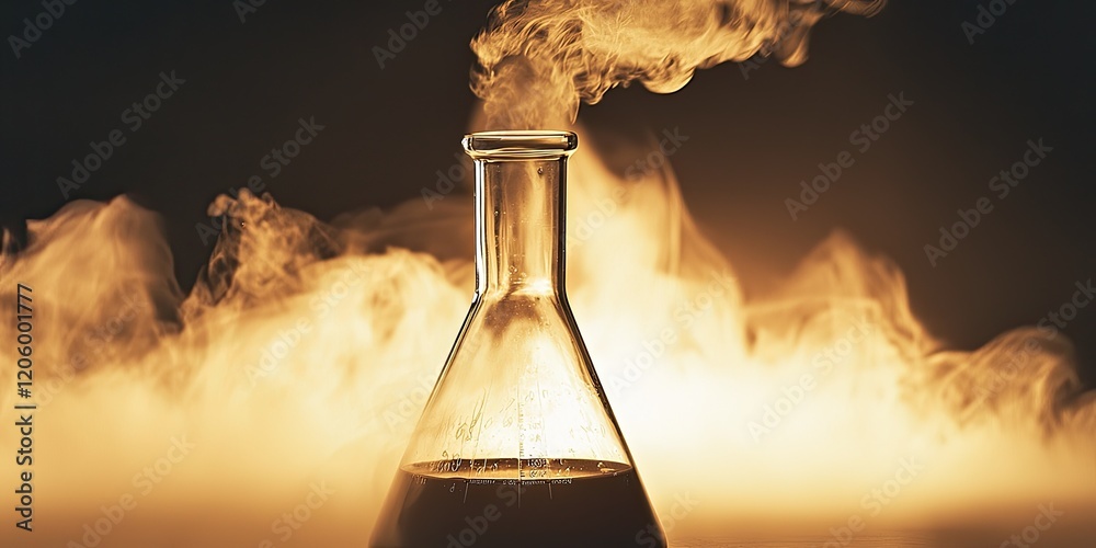 Poster an exothermic reaction in a flask, with heat waves distorting the air and steam rising from the solu