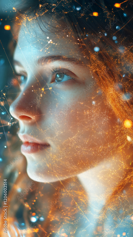 Aufkleber Woman with glowing neural network connection lines and data points, symbolizing artificial intelligence and deep learning