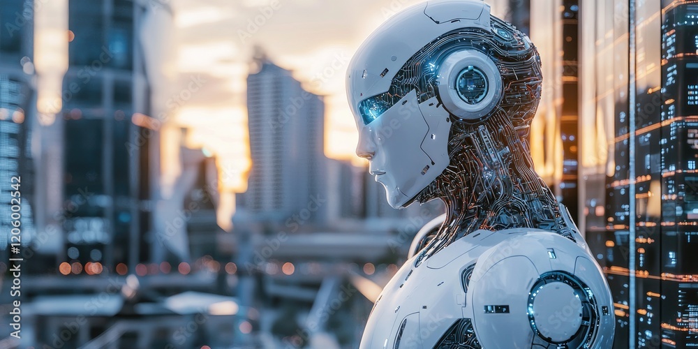 Poster a futuristic building featuring robotic construction components, sleek design, advanced AI systems, and a high-tech urban backdrop.