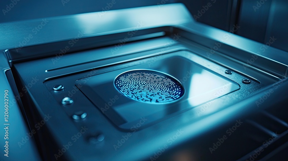Fototapete close-up view of a fingerprint scanner on a secured vault, showcasing biometric authentication and s