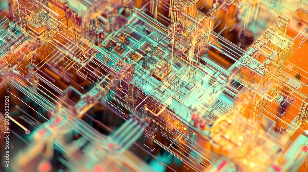 Poster a quantum computing chip showcasing complex patterns and interconnections visibly.
