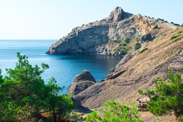 Picturesque seascape with beautiful view of Cape Kapchik and the Black Sea. Crimean Peninsula. Russia