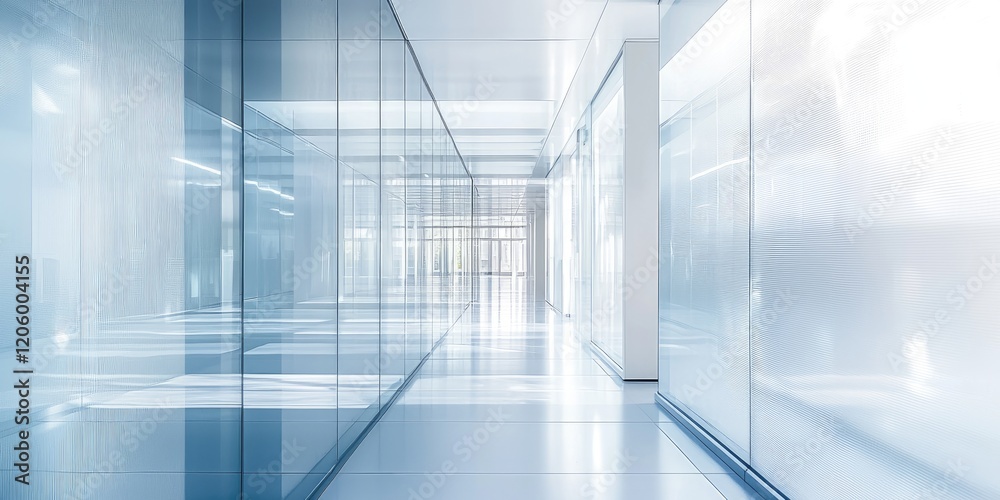 Aufkleber Modern, sleek office space with open layouts, glass partitions, and advanced technology, creating a vibrant, naturally lit workspace.