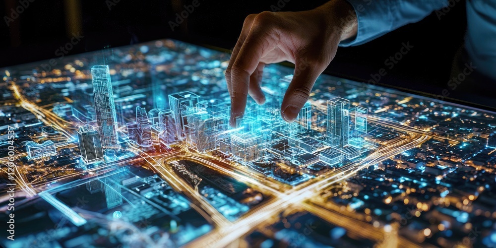 Aufkleber an advanced urban innovation interface with holographic overlays, real-time city data, and responsiv