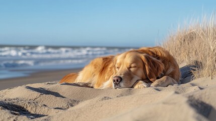 Golden retriever sleeping on beach.