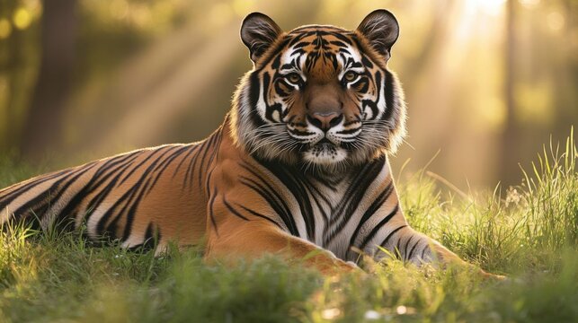 A bengal tiger resting in grass.