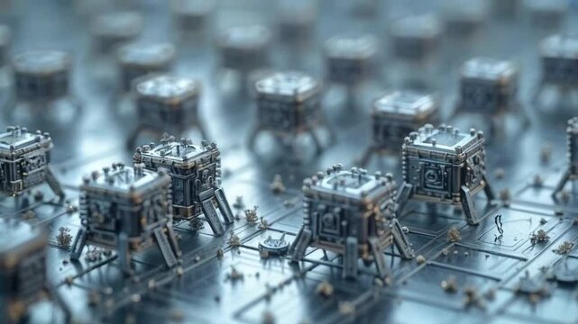Nanotechnology in Action: A microscopic view of nanobots assembling intricate structures on a metallic surface.
