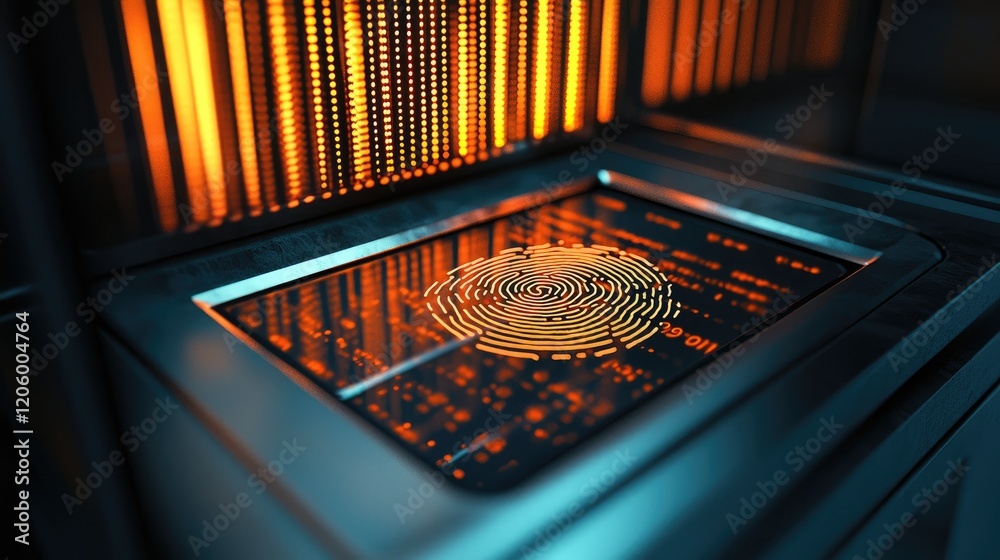 Fototapete close-up view of a fingerprint scanner on a secured vault, showcasing biometric authentication and s