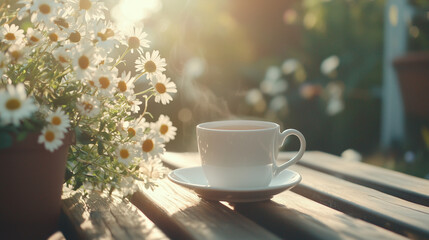 Fototapeta premium Cozy Garden Tea Setting with Daisies in Warm Sunlight
