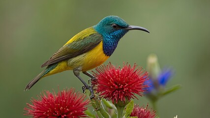 Yellow-chested, blue-headed sunbird, perched on red flower