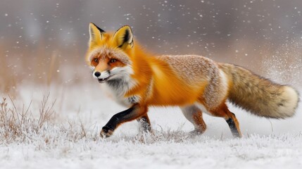 Fototapeta premium A red fox running through snow.