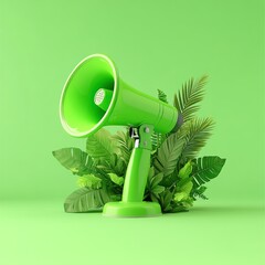 Green Megaphone Surrounded by Lush Plants - 3D Illustration