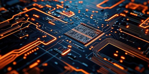 Obraz premium a detailed circuit board layout featuring sharp lines and bright copper traces, ideal for high-tech, intricate backgrounds.