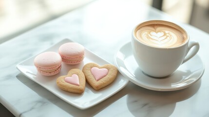 Romantic latte-art heart shape, pink red macarons, white plate, coffee cappuccino, Valentine&rsquo;s Day, ads, sale, special offer, coffee shop, banner, commercial, festive atmosphere, product promotion