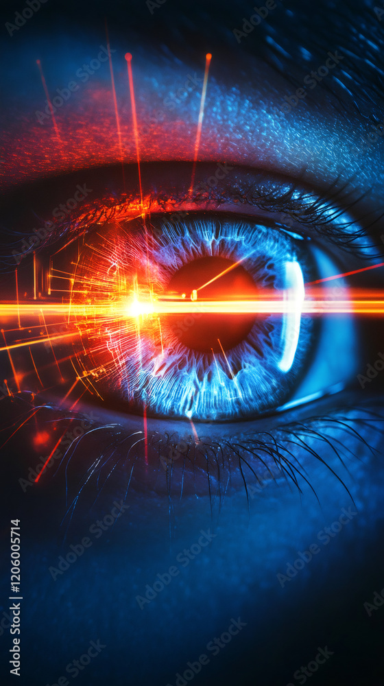 Aufkleber close-up of an eye being scanned by a futuristic laser beam, symbolizing cybersecurity and biometric
