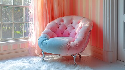 Pink Velvet Armchair by the Window in a Pastel Room