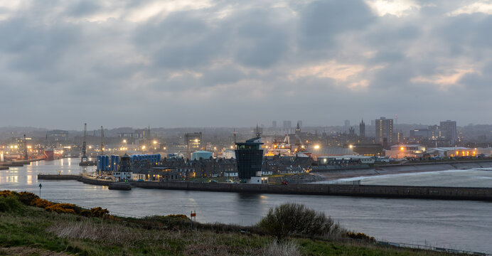Aberdeen harbour at sunset, view from Torry Battery, Scotland