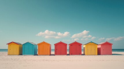 Colorful beach huts on sandy shore