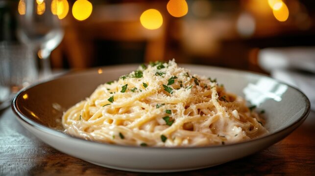 Plate of creamy spaghetti carbonara.