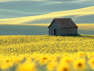 Rustic Wooden Cabin in a Vibrant Sunflower Field Rolling Hills Landscape