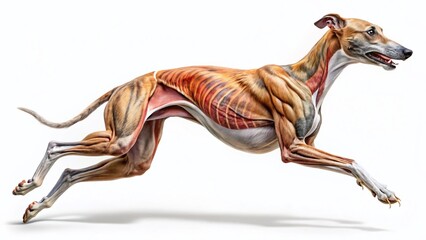 Graceful Greyhound in Motion: Full Speed, Detailed Muscles and Fur, Isolated on White