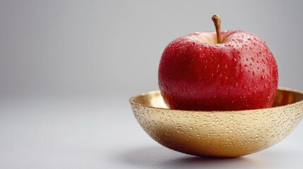 A shiny red apple on a golden dish.