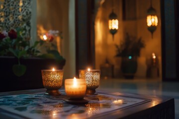 Softly glowing candles surrounded by Ramadan decor create a peaceful atmosphere ideal for reflection and spirituality