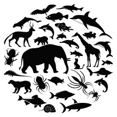 A dense collection of animal silhouettes, including mammals, birds, reptiles, insects, and sea creatures on a white background