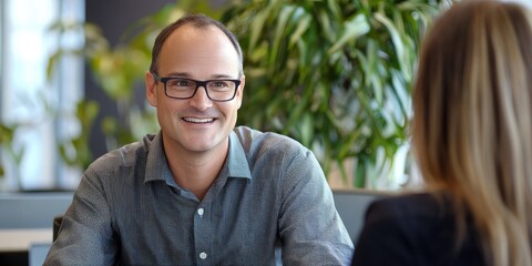 A professional customer service representative interacts positively with clients, offering a friendly smile and attentive listening in a modern office.