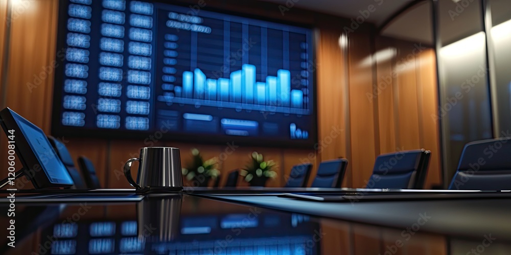 Leinwandbilder Financial statement presentation in a boardroom, featuring charts and graphs on a large screen in a professional setting.