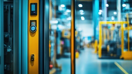 Electronic key and display granting access to a high tech secure server room within a large data center, featuring blurred forklifts in the industrial background