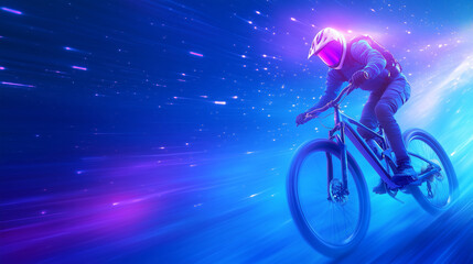 Naklejka premium Mountain biker racing through a vibrant light trail