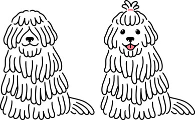 Cute cartoon Komondor dog, with hair covering eyes and up hairstyle. Big white shaggy shepherd dog sitting. Simple drawing, vector clip art illustration.
