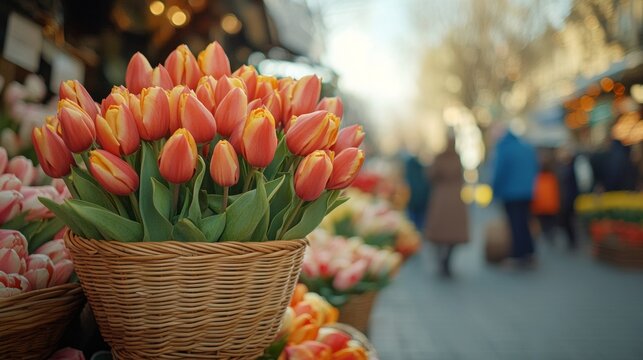 Red and yellow tulip bouquet in a wicker basket at a bustling flower market, surrounded by colorful spring blooms and blurred street view

 - Powered by Adobe