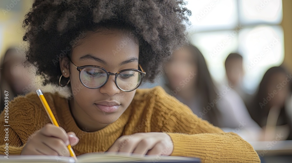 Poster a student taking notes, focus on pencil and notebook, soft classroom lighting reflects the focus and